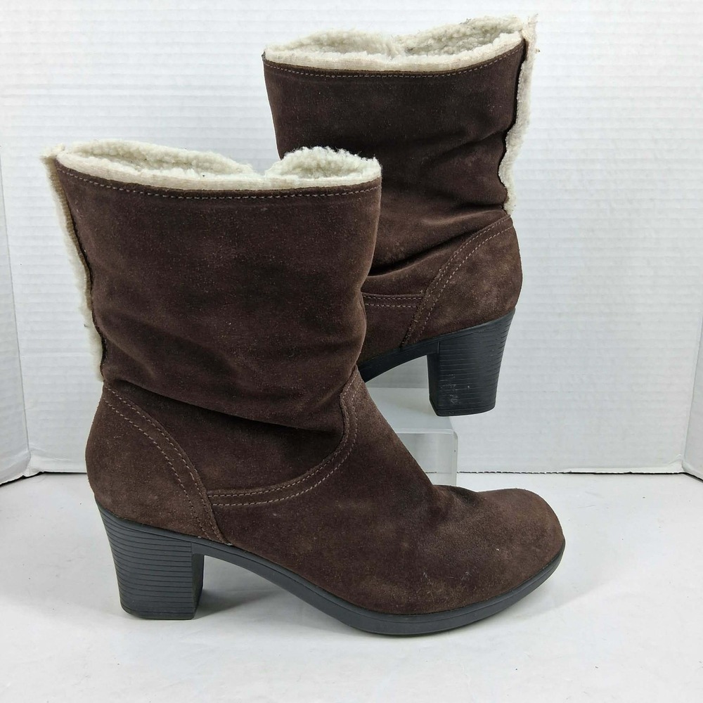 Clarks Bendables Brown Suede Faux Fur Lined Ankle Boots Block Heel Womens 9.5 M‎